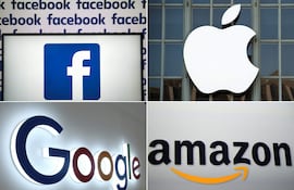 Combinación de logos de cuatro gigantes tecnológicos: Facebook (Meta), Google, Amazon y Apple.