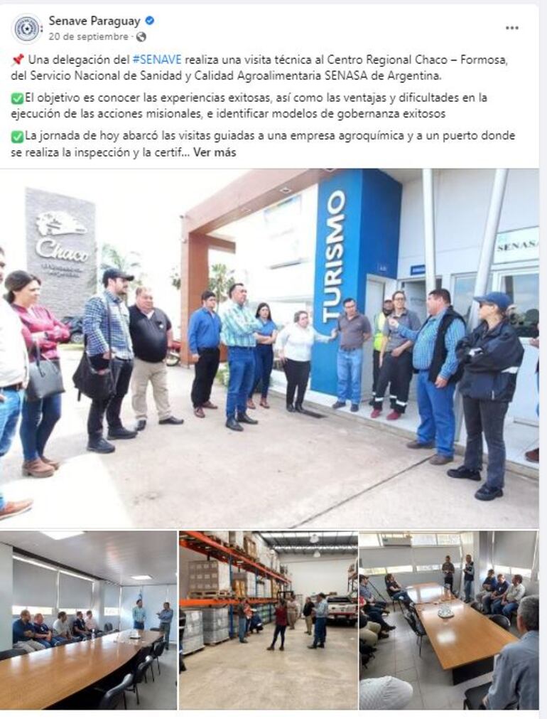 Publicación en la red social facebook sobre la visita de la comitiva del Senave.