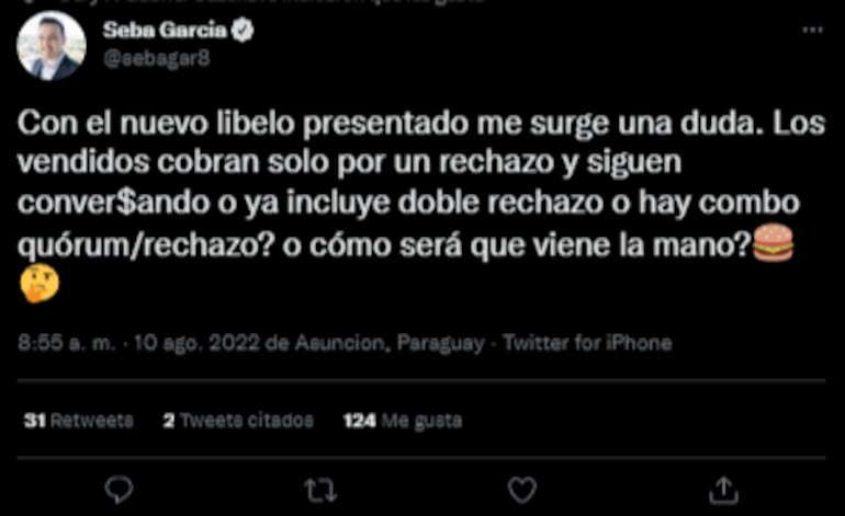 El diputado Sebastián García dio a entender que este nuevo pedido de juicio político podría ser solo otro intento de ciertos colegas de mantener "conver$aciones" y negociaciones en base a sus votos.
