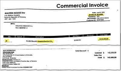 La factura de compra de las 50 camas de terapia intensiva que Imedic introdujo al país. Pagaron US$ 2.850 y acá las querían vender a US$ 10.000.