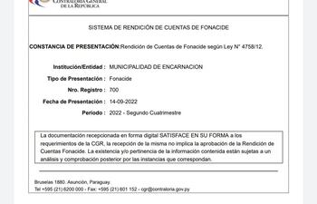 El intendente hizo público el comprobante de rendición de cuentas ante el Fonacide mediante un comunicado difundido en las redes sociales.