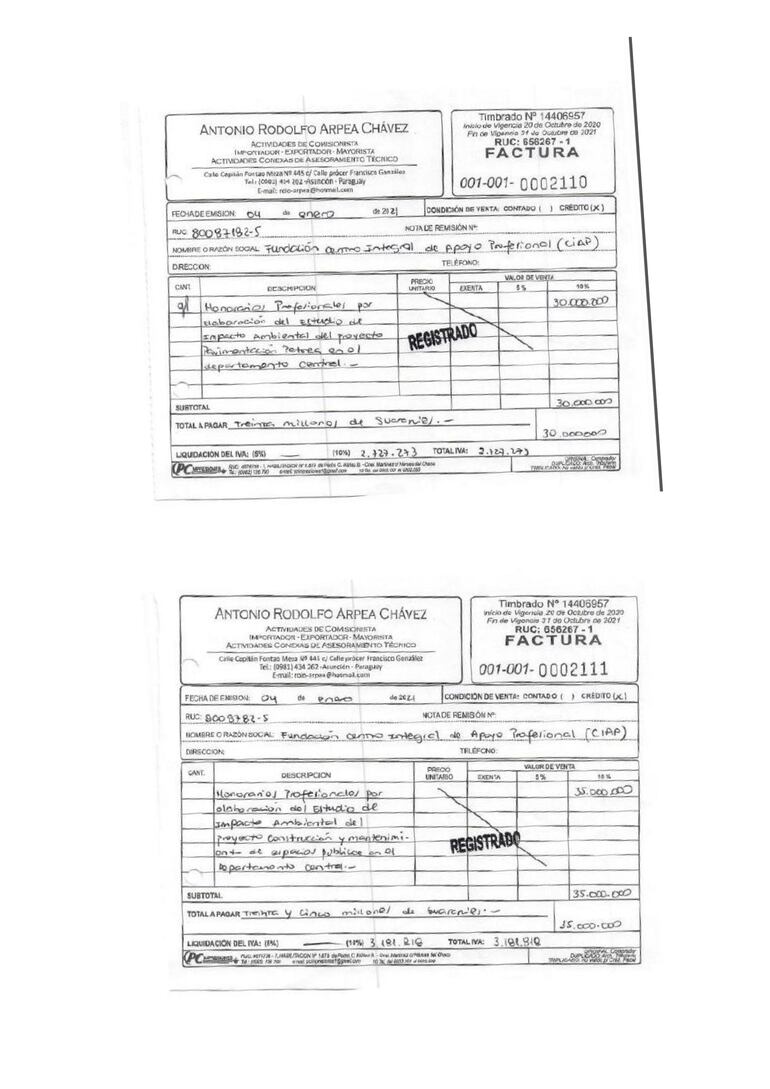 Facturas “a crédito” por el monto de G. 65.000.000, sin sus respectivos recibos de dinero que demuestren que realmente se realizó dicho desembolso.
