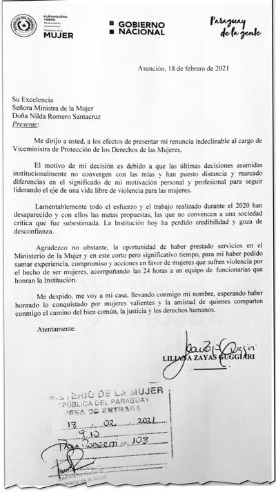 Nota de renuncia de Liliana Zayas dirigida a la ministra de la Mujer, Nilda Romero Santacruz.