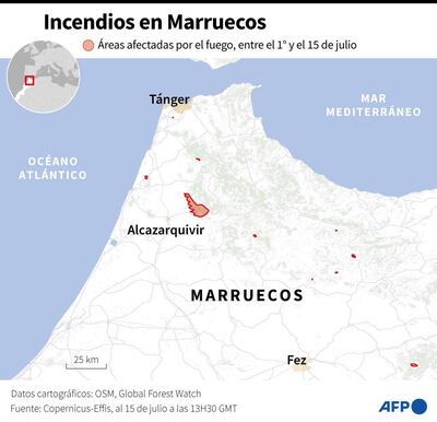Mapa de Marruecos localizando los incendios forestales, del 1° al 15 de julio.