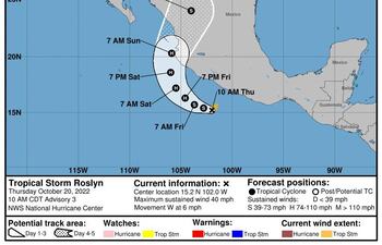 Imagen satelital cedida por la Oficina Nacional de Administración Oceánica y Atmosférica de Estados Unidos (NOAA) a través del Centro Nacional de Huracanes (NHC), en la que se muestra la localización de la tormenta tropical Roslyn en el Pacífico.