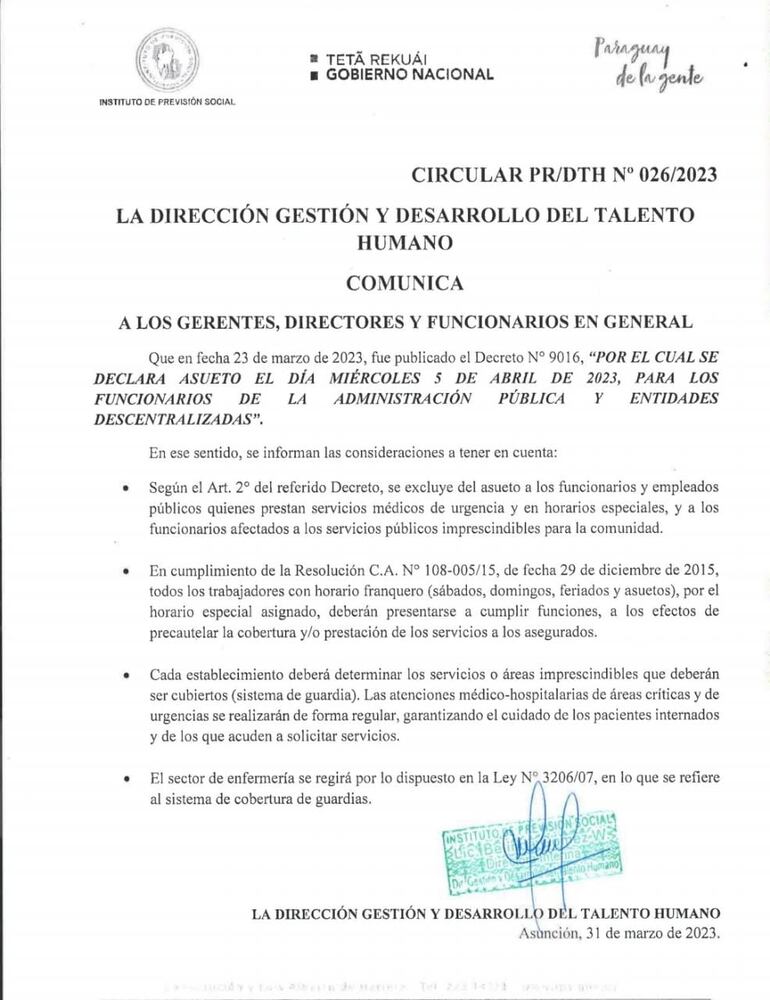 Comunicado del IPS sobre atención en días santos.