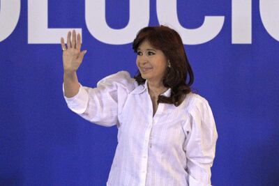 Argentina's vice-president Cristina Fernandez de Kirchner waves during a meeting organized by the Metallurgical Workers' Union (UOM) in Pilar, Buenos Aires province, on November 4, 2022. (Photo by JUAN MABROMATA / AFP)