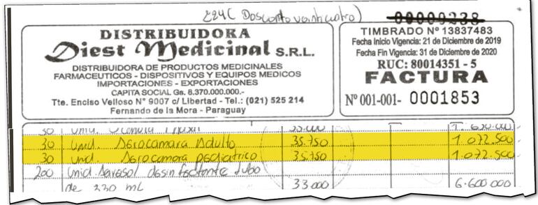 Factura de Diest Medicinal SRL en la cual se detalla la compra de las aerocámaras a G. 35.750 cada una sin especificar marca.