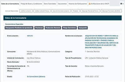 Captura de la convocatoria publicada en el portal de Contrataciones Públicas por el MOPC