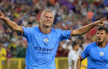 Erling Haaland celebra su gol, el del triunfo para el Manchester City ante Bayern Munich.