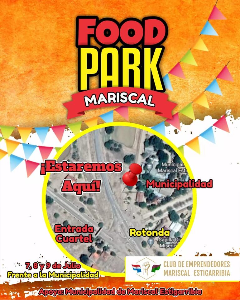 Flyer del Food Park de Mariscal Estigarribia con ubicación