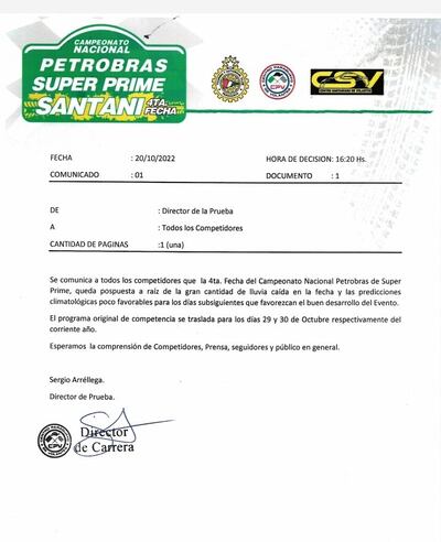 Comunicado oficial emitido por el Centro Paraguayo de Volantes, respecto a la postergación del super prime de Santaní.