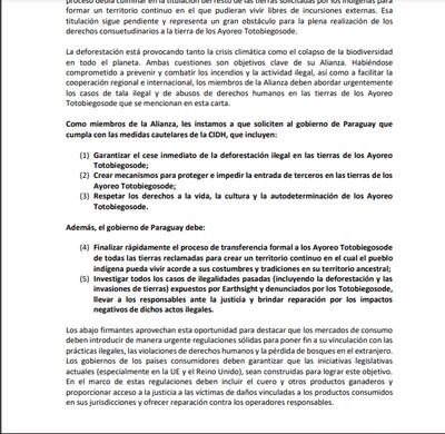 Carta para exigir el cese de deforestación en territorio chaqueño.