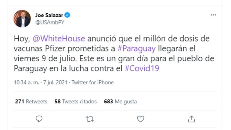 Anuncio de la llegada de Pfizer, hecho a través de Twitter.