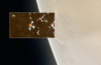 Una foto hecha pública hoy por el Observatorio Europeo del Sur muestra una representación artística del sistema solar, alrededor de Venus, donde los científicos han confirmado la detección de moléculas de fosfina.