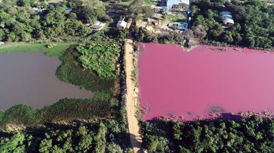 Un lado de la  laguna Cerro de Limpio presenta esta coloración rojiza a causa de una alta polución.