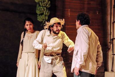 Majo Cabrera, Ronald Maluf y Enrique Vera en una escena de la obra “Sombras de Zoilo”, que desde mañana estará disponible para ver en línea por Red UTS.