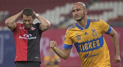 Carlos Gabriel González Espínola, nacido el 4 de febrero de 1993,  festeja su gol, el segundo en tres partidos en Tigres.