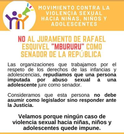 El Movimiento contra la violencia sexual hacia niñas, niños y adolescentes le dice NO AL JURAMENTO DE RAFAEL ESQUIVEL "MBURURU".