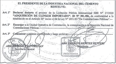 Resolución que firmó el titular de la INC, Ernesto Benítez, con la cual se canceló el llamado para la compra de clínker importado.