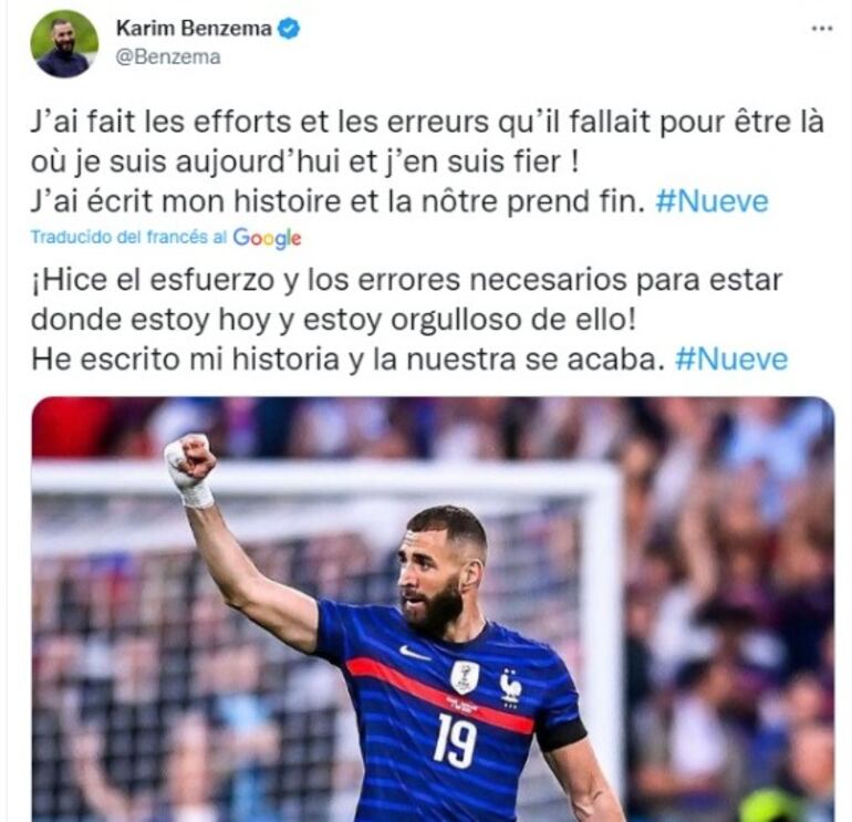 La publicación de Karim Benzema, quien anunció el retiro de la selección de Francia.