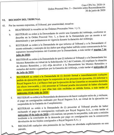 Los ocho puntos que resolvió el tribunal arbitral en la orden procesal N° 5, con fecha del 30 de junio. La sede del arbitraje es Asunción, pero se reúnen virtualmente por el covid-19.