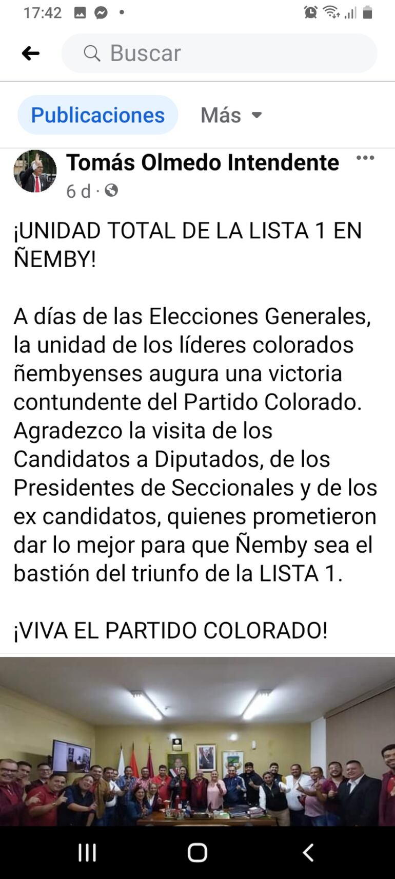 Facebook oficial del intendente de Ñemby, Tomás Olmedo, donde habla de la unidad de su partido, tras la reunión en la municipalidad.