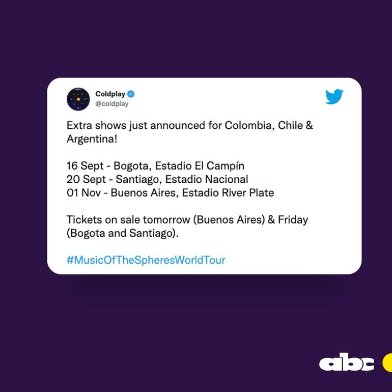 Las nuevas fechas anunciadas por Coldplay en las que se presentará en Sudamérica.