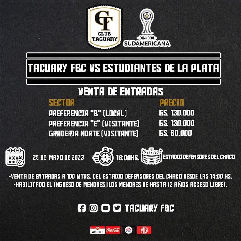 Material gráfico elaborado por el departamento de prensa de Tacuary para consignar los precios de las entradas para el duelo internacional de mitad de semana.