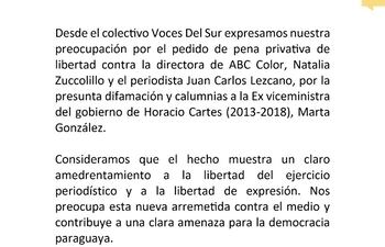 Comunicado de Voces del Sur alertando de este nuevo ataque a la libertad de prensa.
