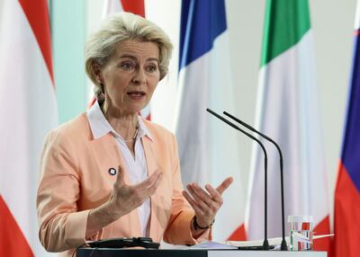 President of the European Commission Ursula von der Leyen addresses a press conference at the end of the Berlin Process 2022 Western Balkans Summit at the Chancellery in Berlin on November 3, 2022. (Photo by Jens Schlueter / AFP)