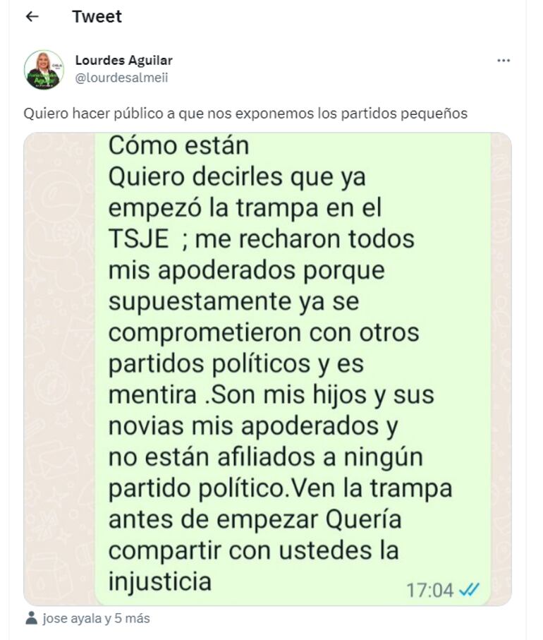 Lourdes Aguilar, activista del Partido de la Juventud, denunció que el Tribunal Superior de Justicia Electoral no habilitó a sus hijos y nueras como apoderados suyos, porque ya figuraban como apoderados de otros partidos.