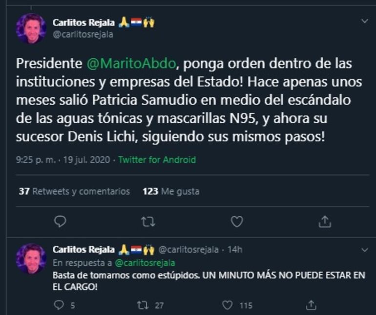 A través de las redes sociales, el diputado Carlos Rejala pidió al Poder Ejecutivo un saneamiento de las instituciones públicas.