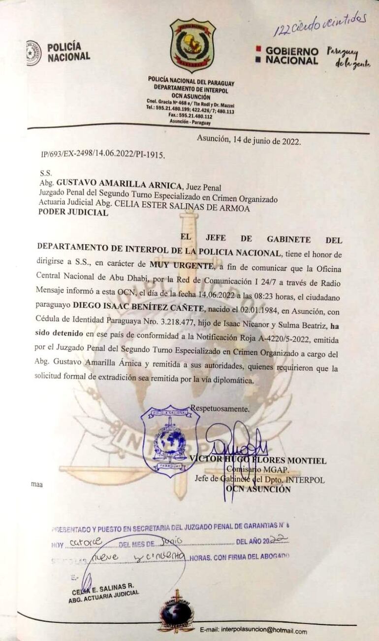 Documento emitido por la Interpol, donde informa la detención en Emiratos Árabes Unidos del ciudadano paraguayo Diego Benítez.
