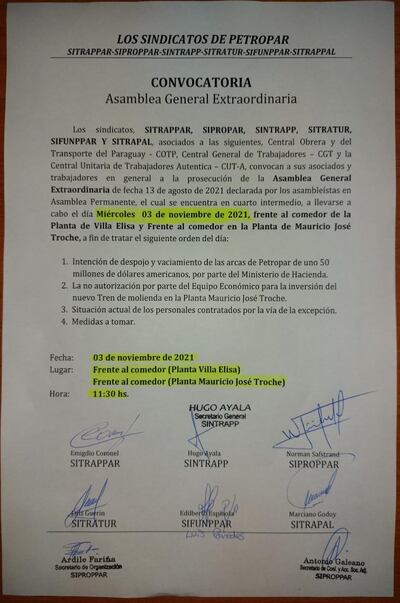 Anuncio de asamblea extraordinaria de Sindicatos de Petropar