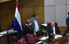 Desirée Masi (PDP), Amado Florentín (PLRA) y Óscar Salomón (FR) conversan en sala del Senado.