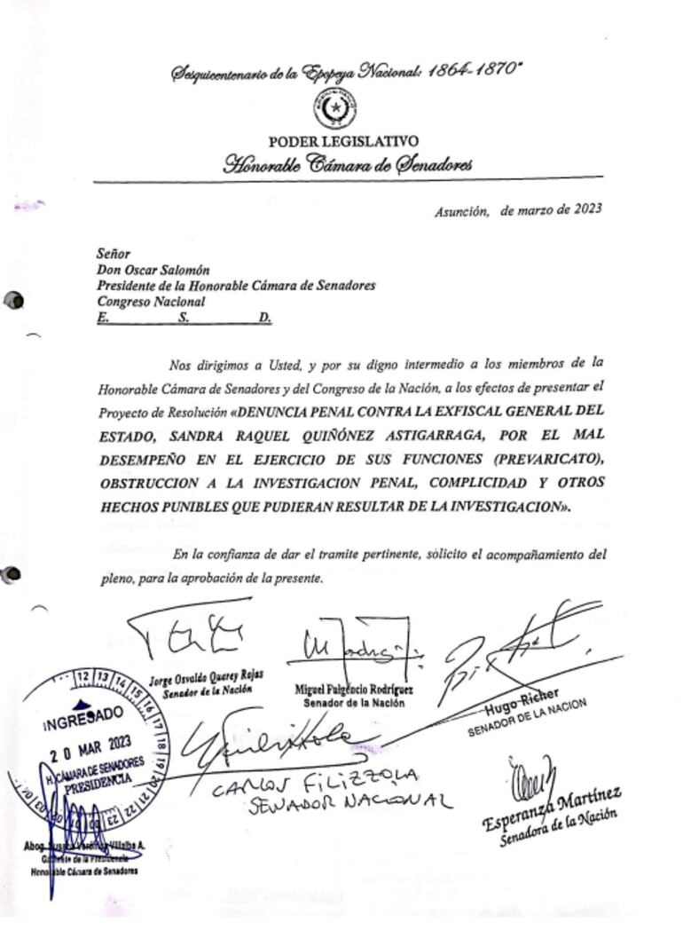 Proyecto de resolución para denunciar penalmente a la exfiscal general Sandra Quiñónez.