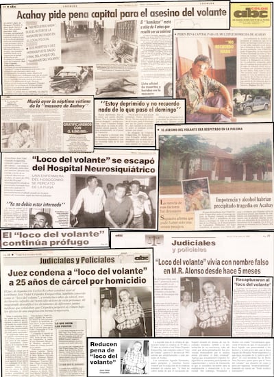 Recortes de ABC Color sobre el caso del “loco del volante”. Cubrieron la tragedia algunos  periodistas y reporteros gráficos como Vladimir Jara, Jorge Cáceres (+), Esteban Acevedo, Abilio Cabañas (+), Marcia Ferreira, Virgilio Vera, Yony Jara y Aldo Lezcano.
