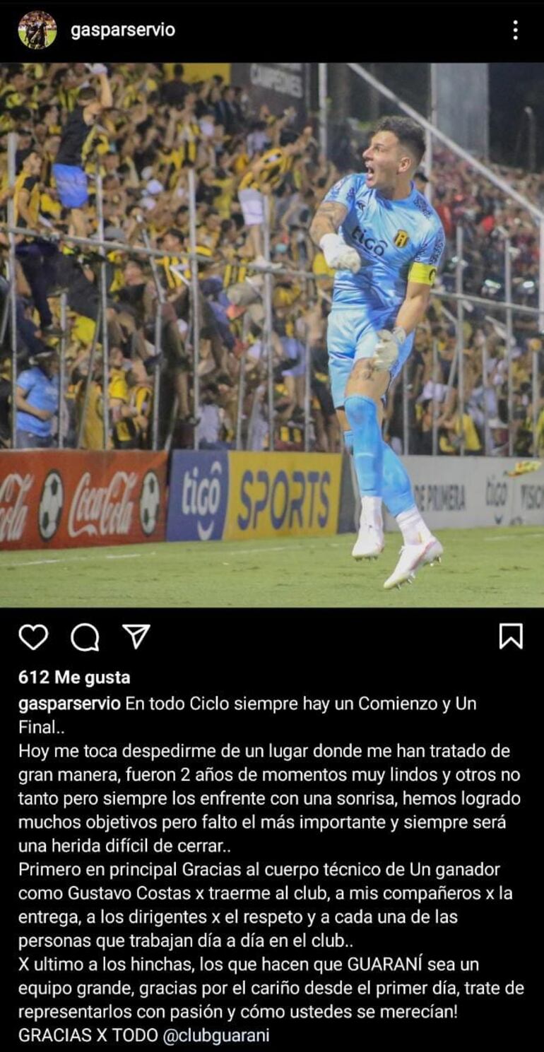 La despedida de Gaspar Servio de Guaraní