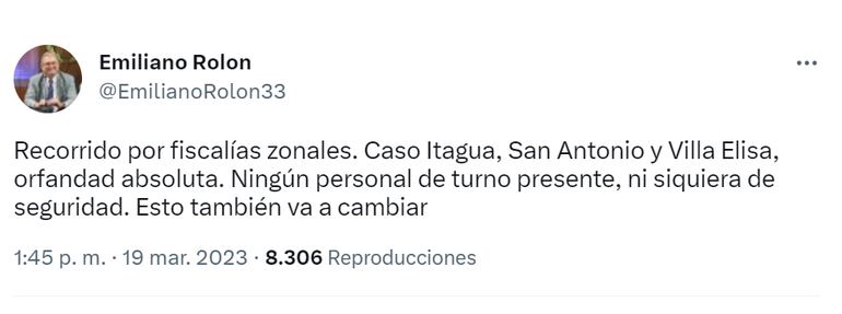 El tuit del fiscal general, Emiliano Rolón.