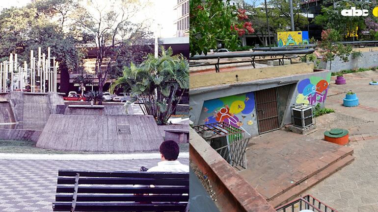 Imagen de la fuente luminar de donde salía agua y luces en 1997 y una fotografía actual de la plaza de la Democracia, luego de que hayan quitado las planteras de neumáticos.
