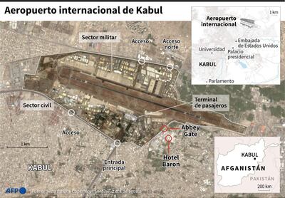 Mapa en el que se ubica el aeropuerto internacional de Kabul con sus accesos, en donde se registraron explosiones el jueves.