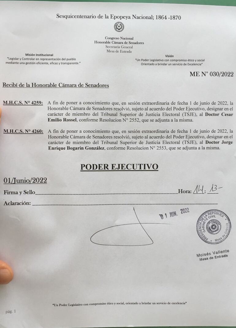 La nota remitida por el Senado sobre nominaciones para ministros del TSJE.