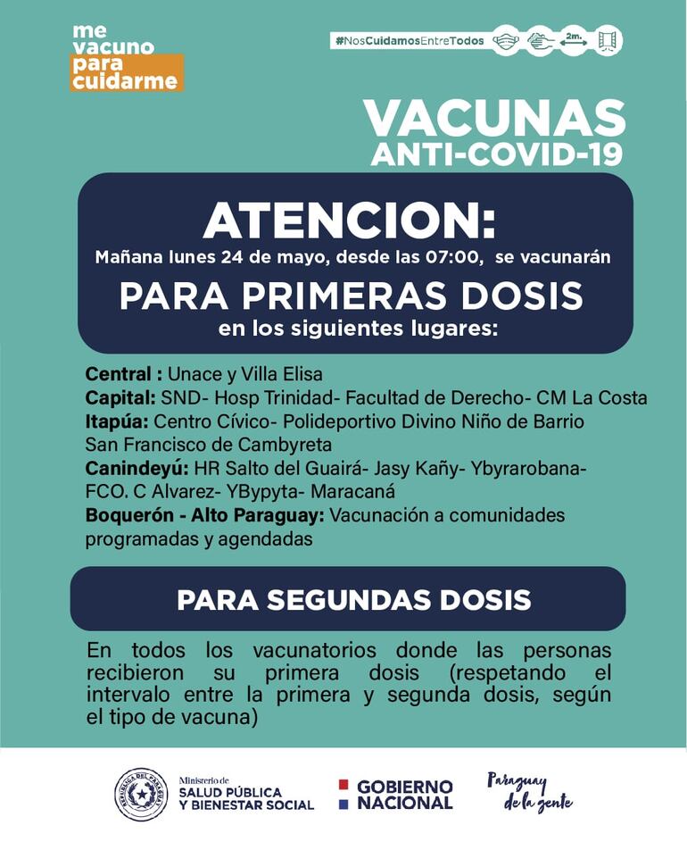 Vacunatorios que podrán aplicar las primeras dosis este lunes 24 de mayo.