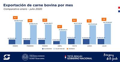 Infografía que muestra la variación mensual de  la exportación de carne bovina.