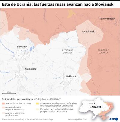 Mapa que muestra la línea de frente en el este de Ucrania y localiza las ciudades de Sloviansk, Kramatorsk y Bakhmut.