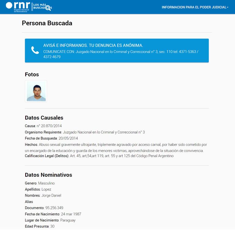 La alerta sobre el compatriota en la página del Ministerio de Justicia y Derechos Humanos de Argentina.