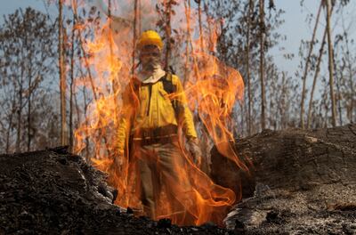 Un bombero se ve tras las llamas durante los combates de los incendios en la selva amazónica este miércoles, cerca de Porto Velho (Brasil).