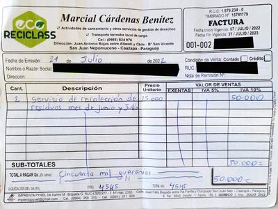 La factura expedida por la empresa que funciona en la casa del cuñado del intendente municipal Ariel Kokubo.