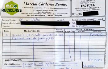 La factura expedida por la empresa que funciona en la casa del cuñado del intendente municipal Ariel Kokubo.